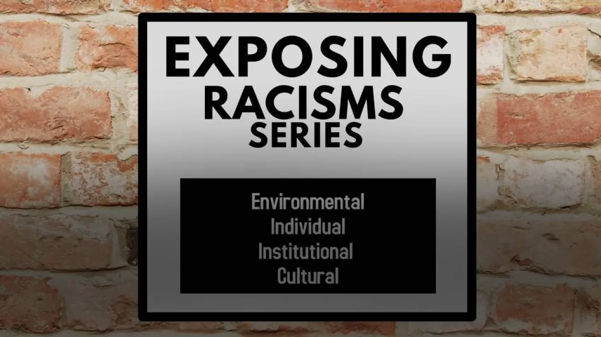 Graphic reading “Exposing Racism Series” above “Environmental, Individual, Institutional, Cultural” against a brick wall background