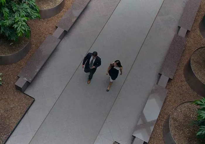 Aerial view of two people walking along a path.