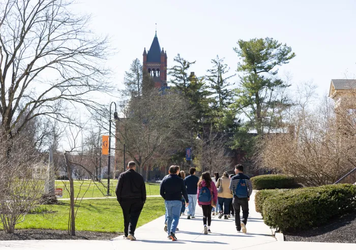 A group of people walking down the pathway