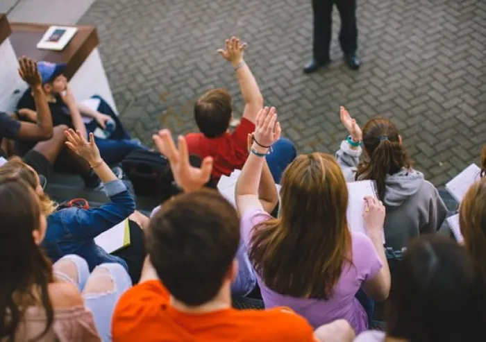 Students raising hands in class