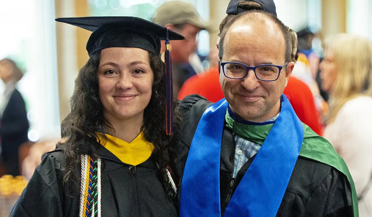 An image of >Prof. D’Addario and Chelsea O’Leary ’24 at the Class of 2024 Commencement exercises 
