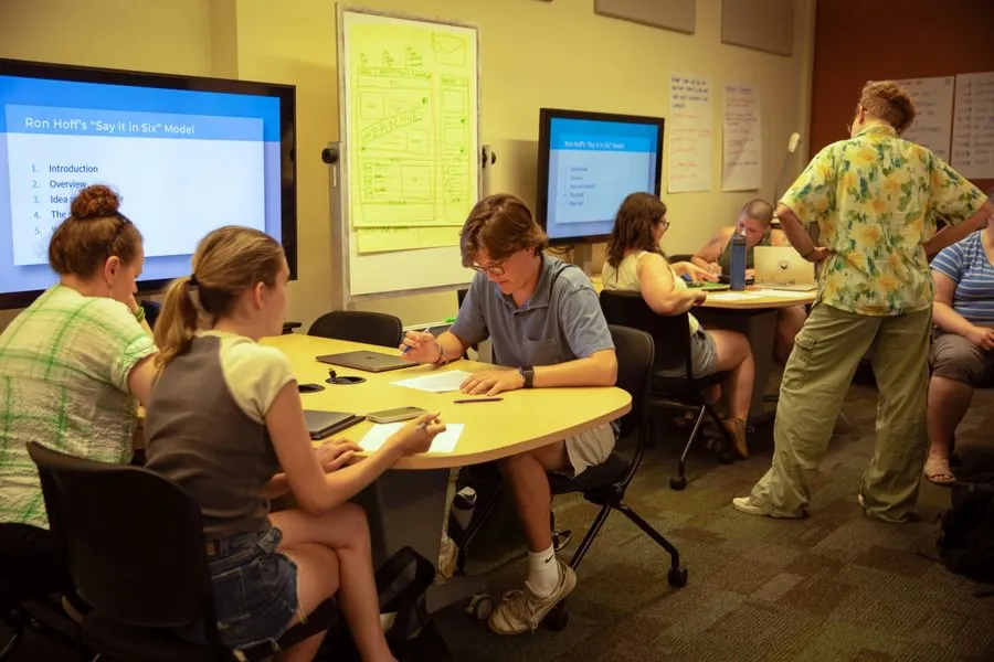 Digital Humanities Fellows work on solving problems in groups during the summer 2025 Digital Humanities Fellowship.