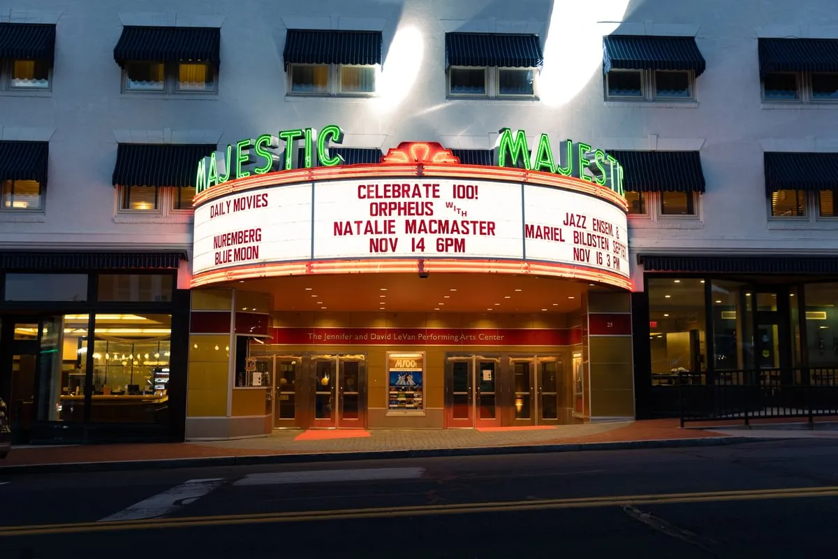 majestic theater marquee lit for 100 year celebration