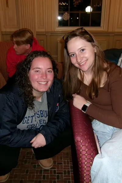   Molly Foy ’27 (right) participates in an event for the Patrick Henry Society for Debate & Oration during the Fall 2025 semester.