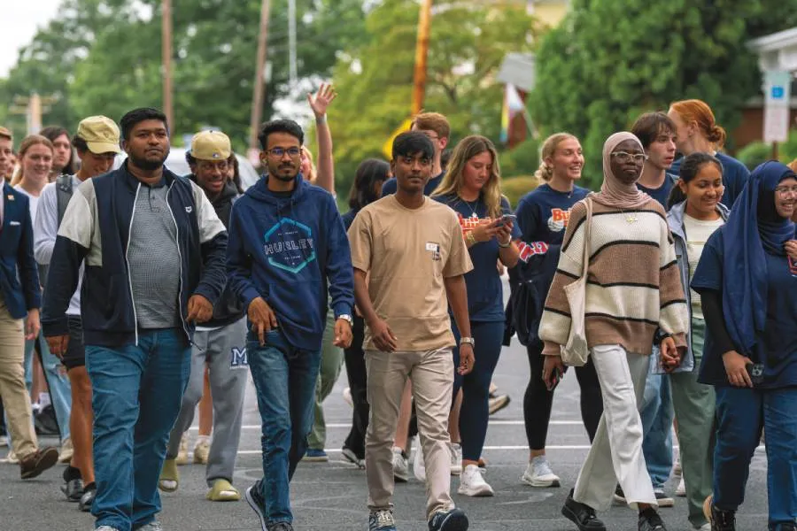 Awa Diop ’29 (far right) participates in the First-Year Walk for the Class of 2029. 