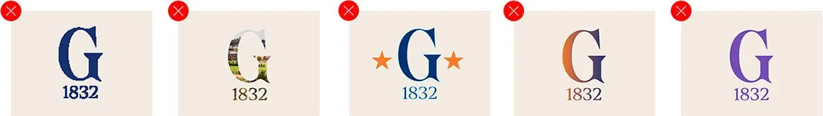 An image showing examples of incorrect usage of the Gettysburg G 1832 logo.