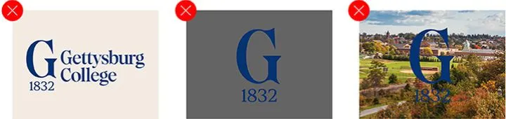 An image showing examples of incorrect usage of the Gettysburg G 1832 logo.