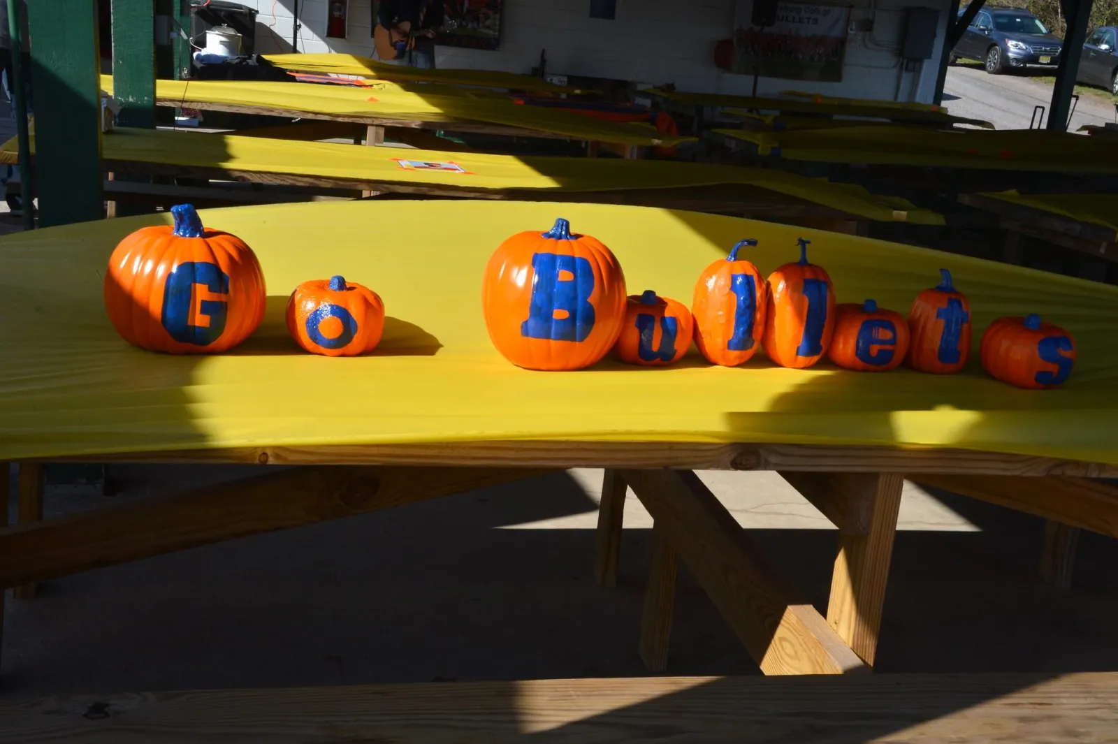 Pumpkins painted to read "Go Bullets" on a table at Quarry Pavilion.