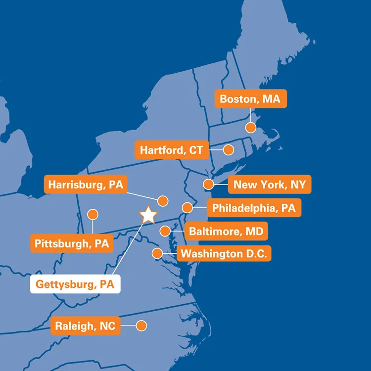 A map showing the location of Gettysburg College relative to major cities on the U.S. East Coast.