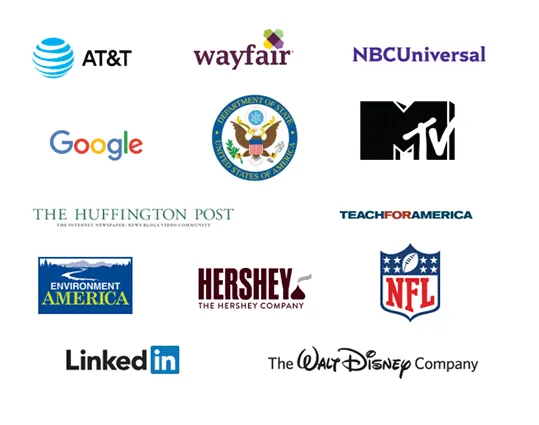 Logos of AT&T, Wayfair, NBCUniversal, Google, the U.S. Department of State, MTV, The Huffington Post, Teach For America, Environment America, The Hershey Company, the NFL, LinkedIn, and The Walt Disney Company.