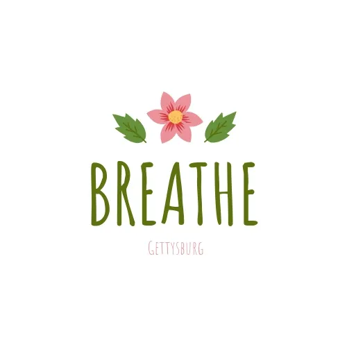 Illustration of a pink flower and green leaves above the word “BREATHE,” 