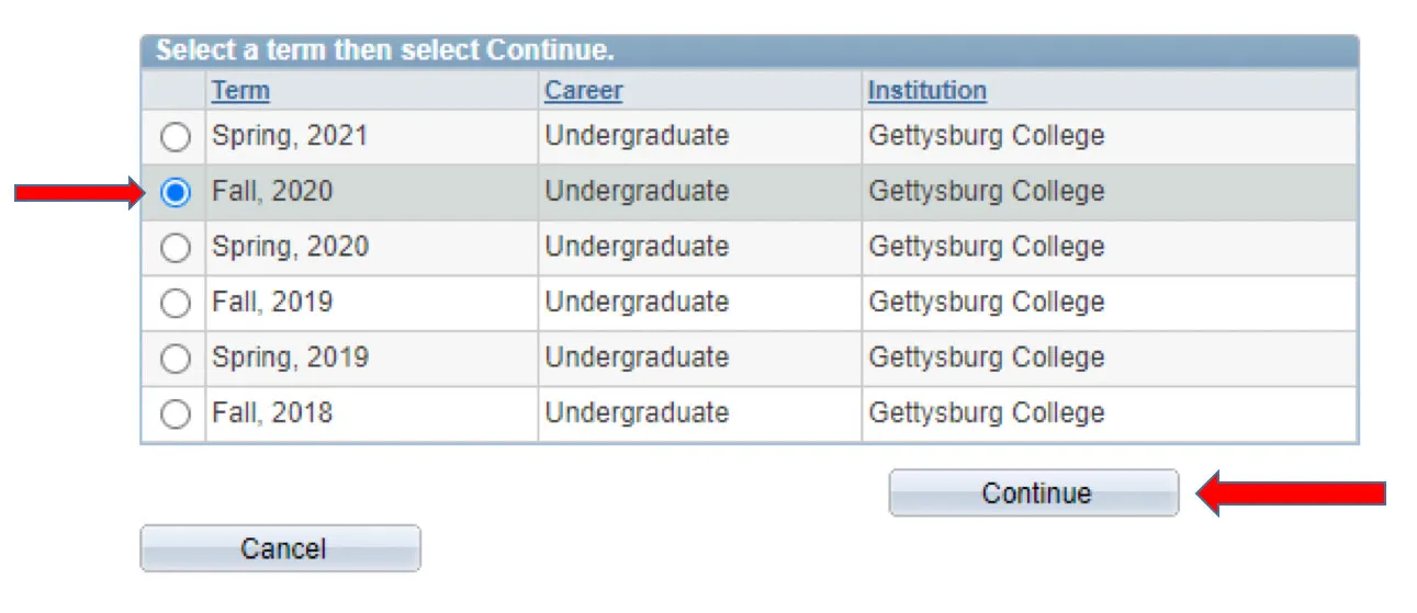Screenshot of the Student Center with a table and an arrow pointing to a row indicating the Fall 2020 semester