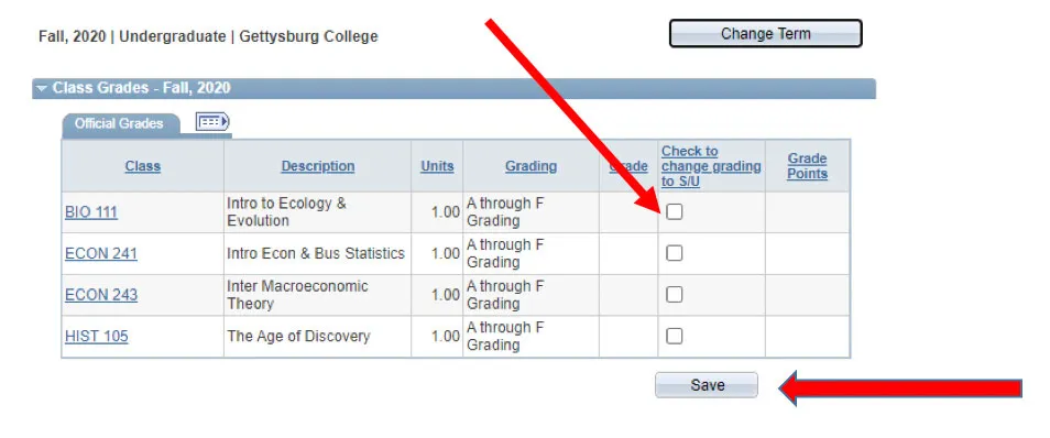 Screenshot of the Student Center with an arrow pointing to a checkbox for choosing S/U grading