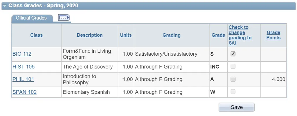 Screenshot of the Student Center with a table displaying classes and a check mark on a checkbox