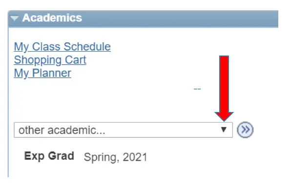 Screenshot of the Student Center with an arrow pointing at a dropdown menu