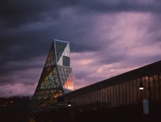 A photo of the Jaeger Center after sunset.
