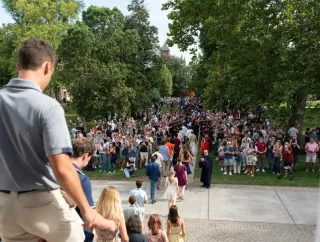  The Class of 2030 walks down the south steps of Pennsylvania Hall.