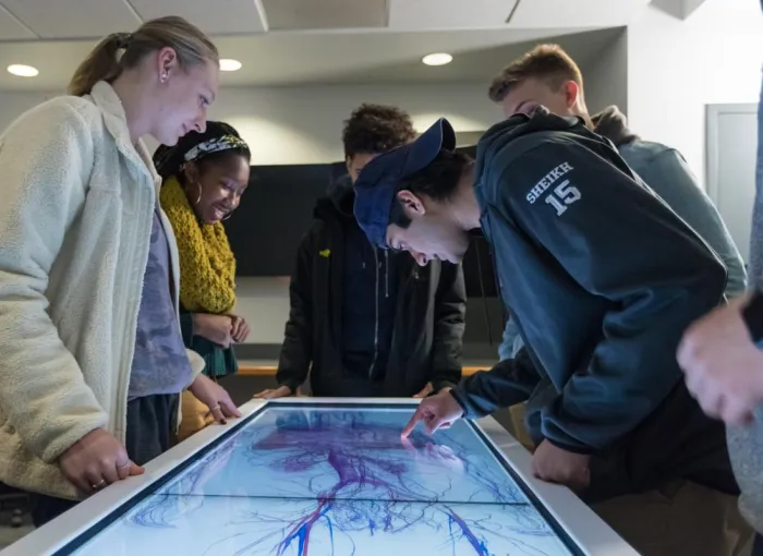 A group of students look at an exhibit.