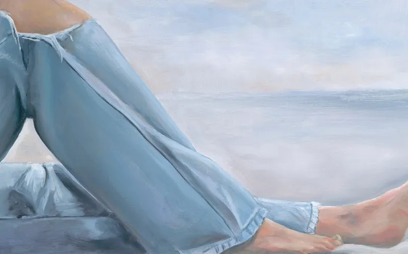 painting of ripped jeans from knees down and bare feet