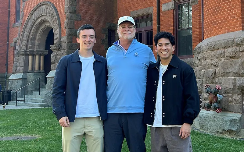 Kevin Klassen '19, Drew Murphy '84, and Kevin Benavente '20 outside Glatfelter Hall.